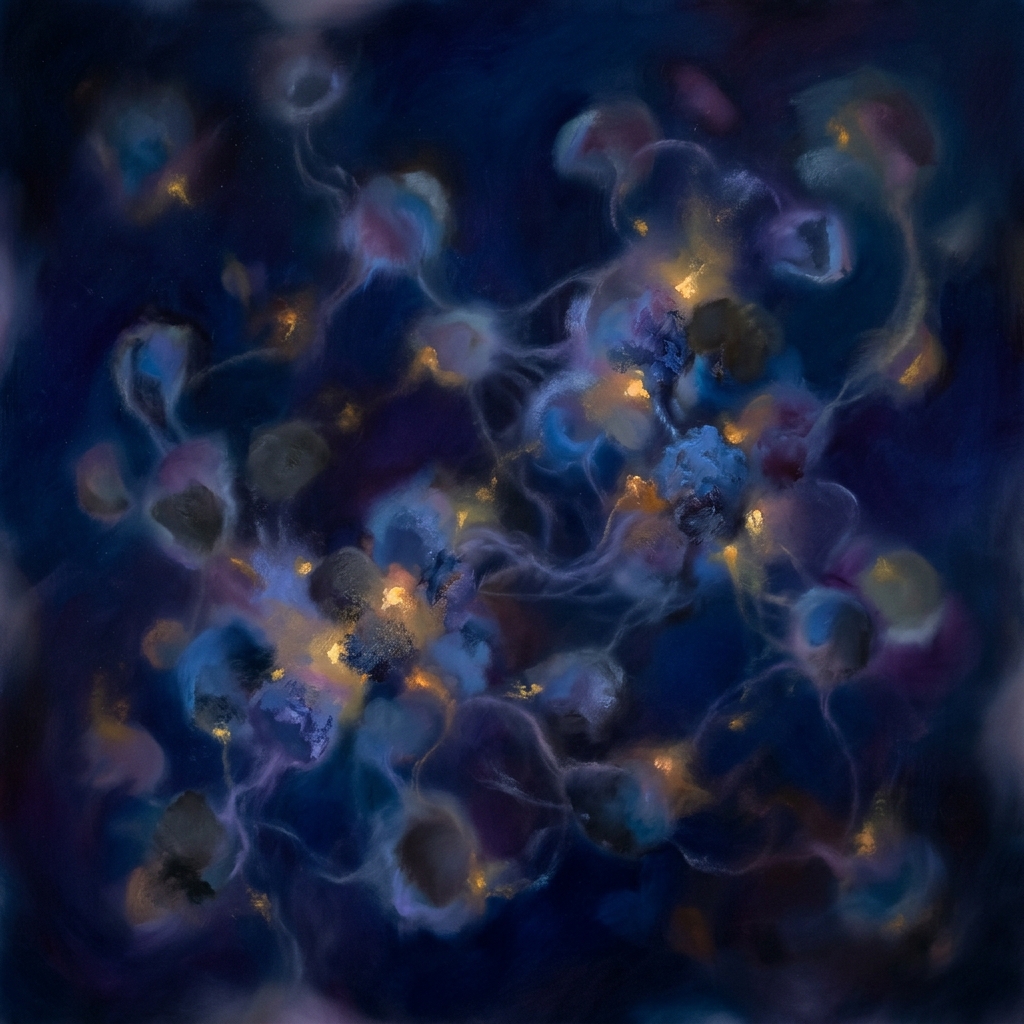 Indigo dreamscape with golden sparks — dream cycles