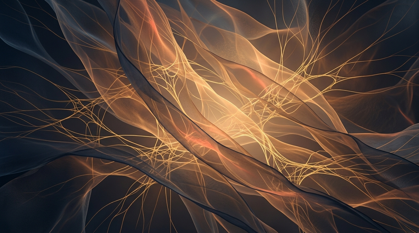 Abstract membrane layers with golden light — representing AI persistence and identity